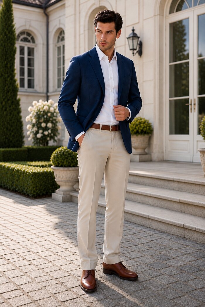 Sacoul bleumarin oferă eleganță fără să fie prea formal, într-o combinație sigură pentru orice cununie civilă de zi.