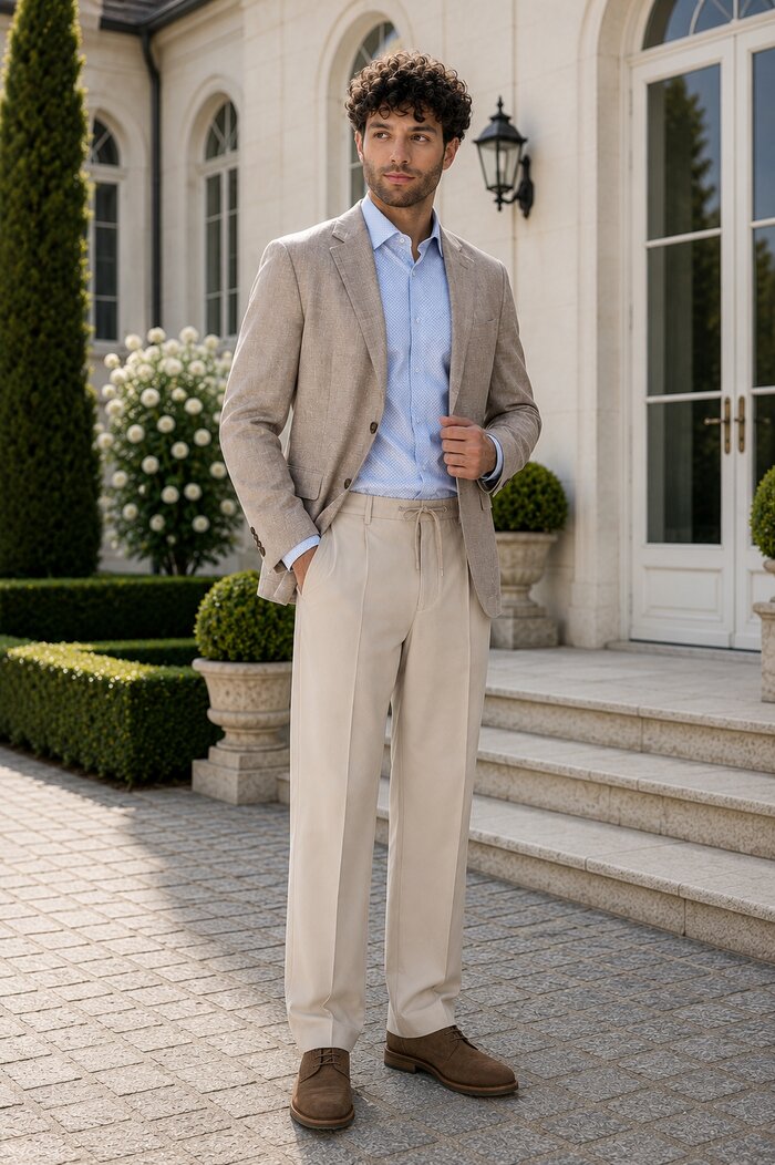 Sacoul taupe din in și pantofii caramel din piele întoarsă creează un look smart casual cu influențe mediteraneene.