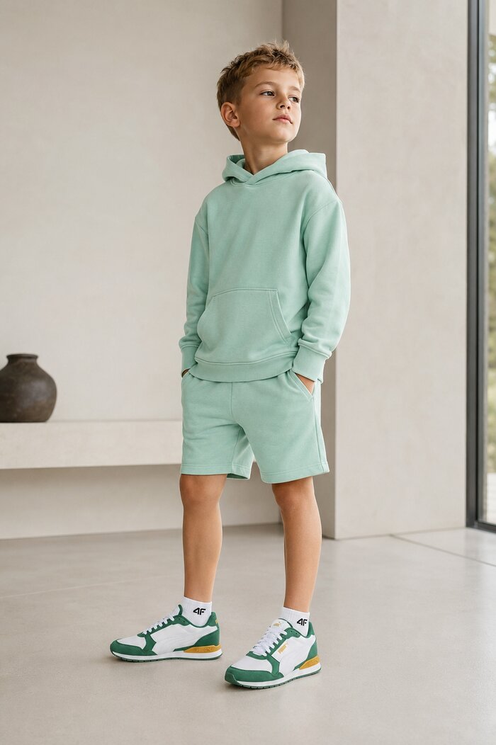 Compleul verde mentă arată fresh și se potrivește ușor cu sneakerși albi cu accente verzi și galbene, pentru o ținută relaxată dar bine definită.