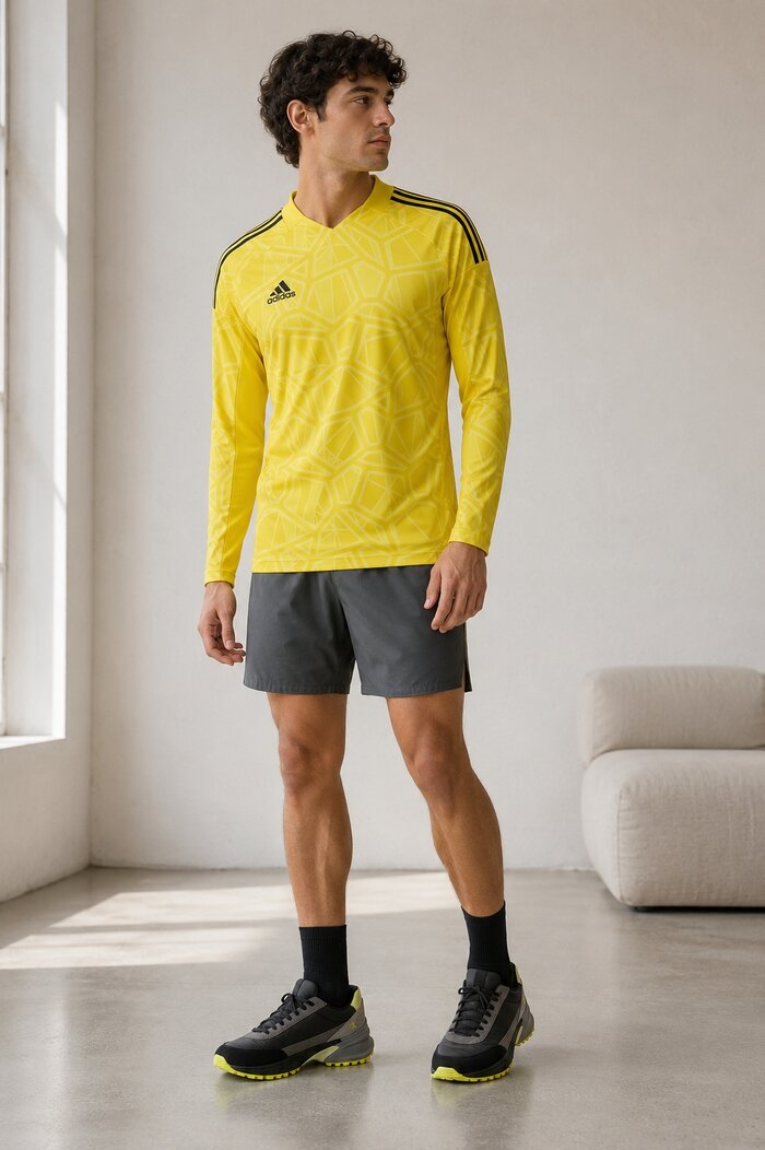 Tricoul galben intens e piesa statement, temperată de un pantalon scurt gri și pantofi CK în tonuri neutre cu accent galben-verde.