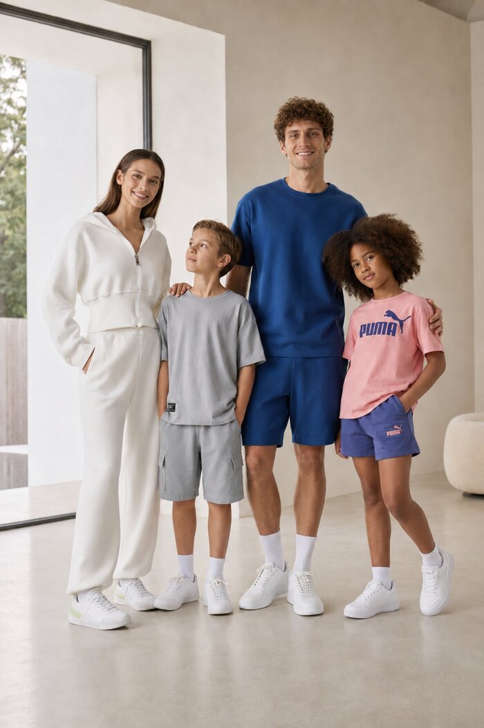Fiecare membru al familiei are propria ținută, unite prin aceeași direcție: culori curate, piese sport confortabile și încălțăminte albă.