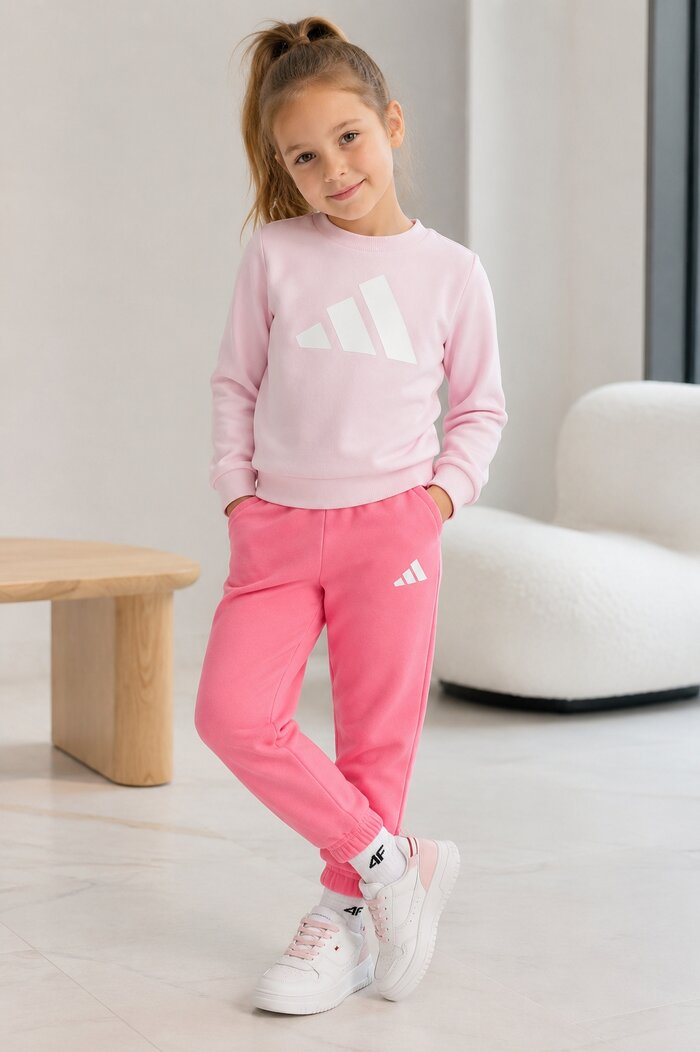 Treningul roz pastel/roz intens creează un look vesel și confortabil, iar sneakerșii albi cu accente roz păstrează ținuta curată și practică.