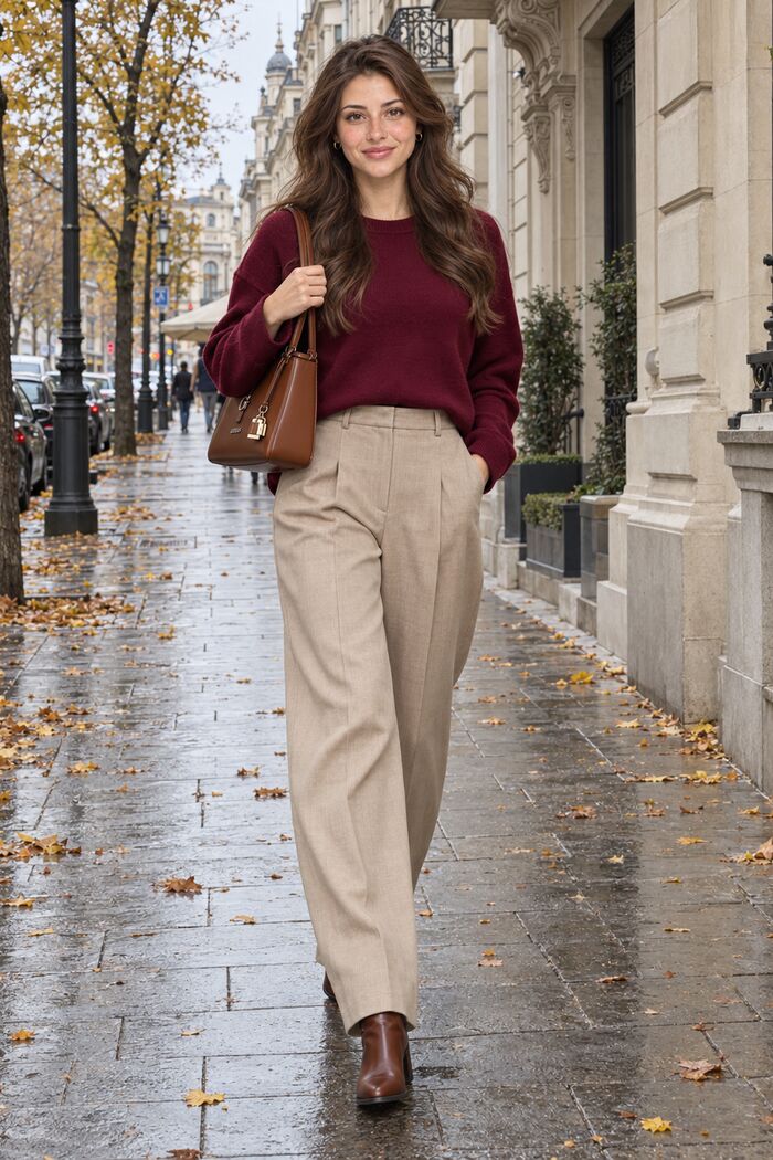 Puloverul bordo, pantalonii crem și ghetele maro arată elegant și cald, iar culoarea vine dintr-o singură piesă, nu din toată ținuta.